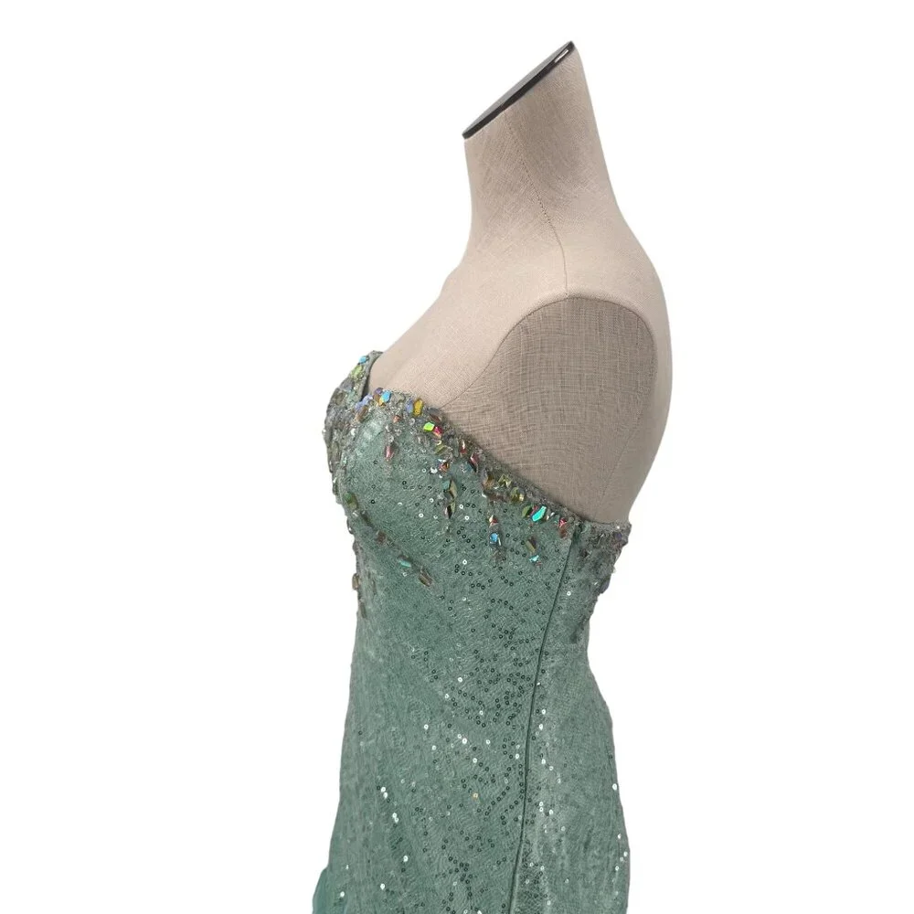 MacDuggal Sea Foam Jeweled Striped Strapless Corset Ruffled Gown - Picture 4 of 8